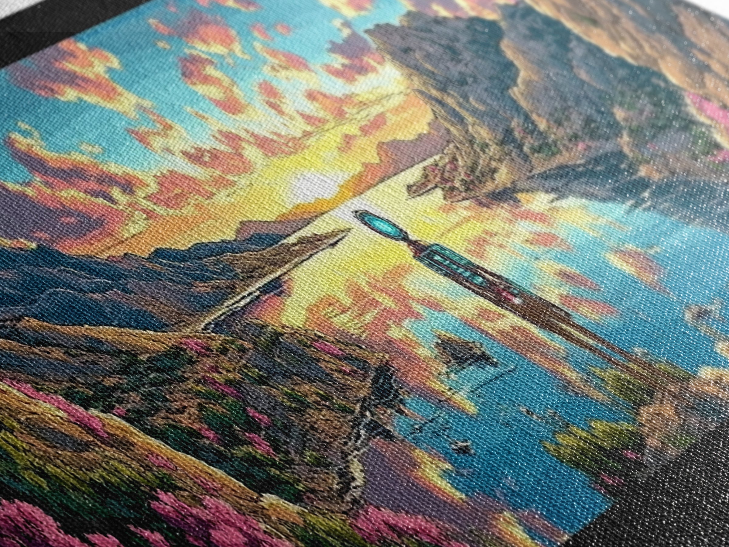 Astronaut Over Flowered Mountain Lake Valley Wall Art, Sci Fi Landscape Canvas Print, Colorful Nature Decor, Gaming Room Art