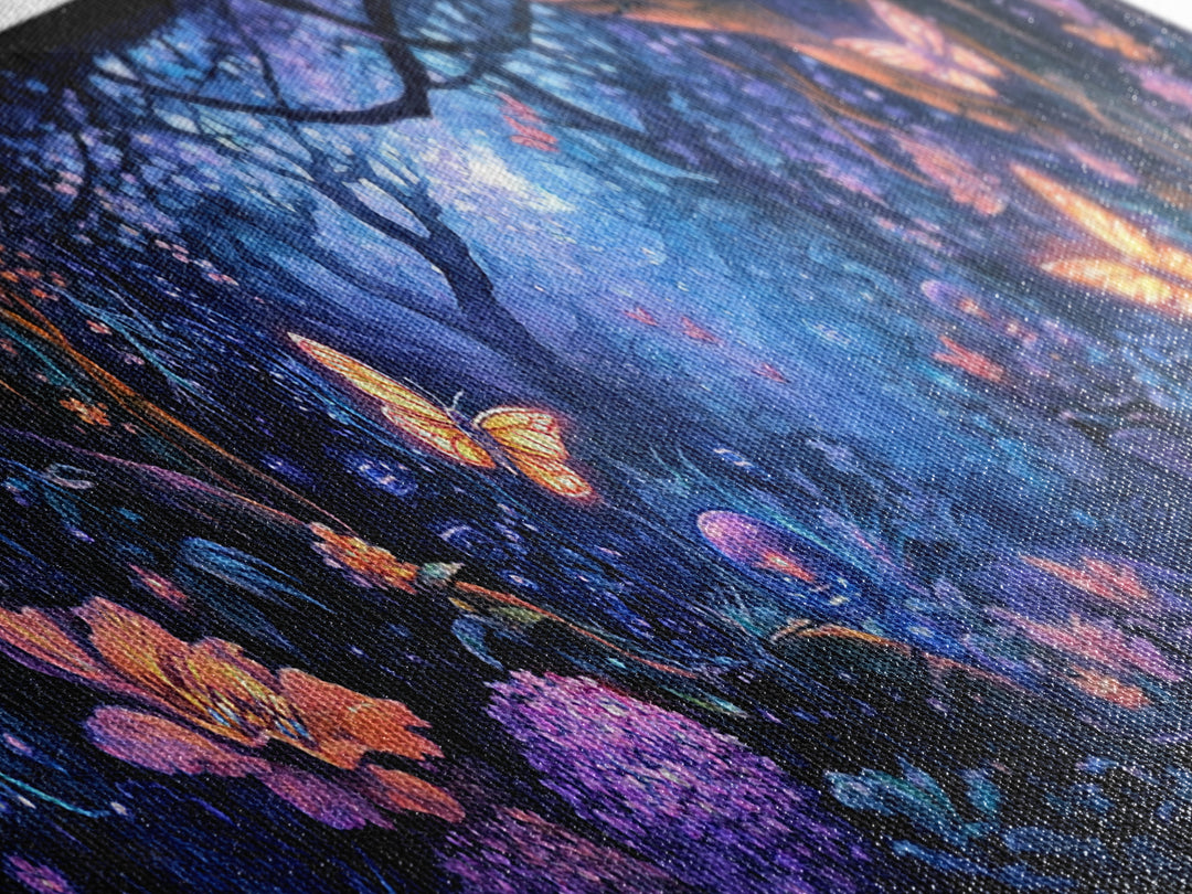 Enchanted Butterfly Forest At Twilight Wall Art, Fantasy Woodland Canvas Print, Dark Floral Decor, Whimsical Bedroom Art