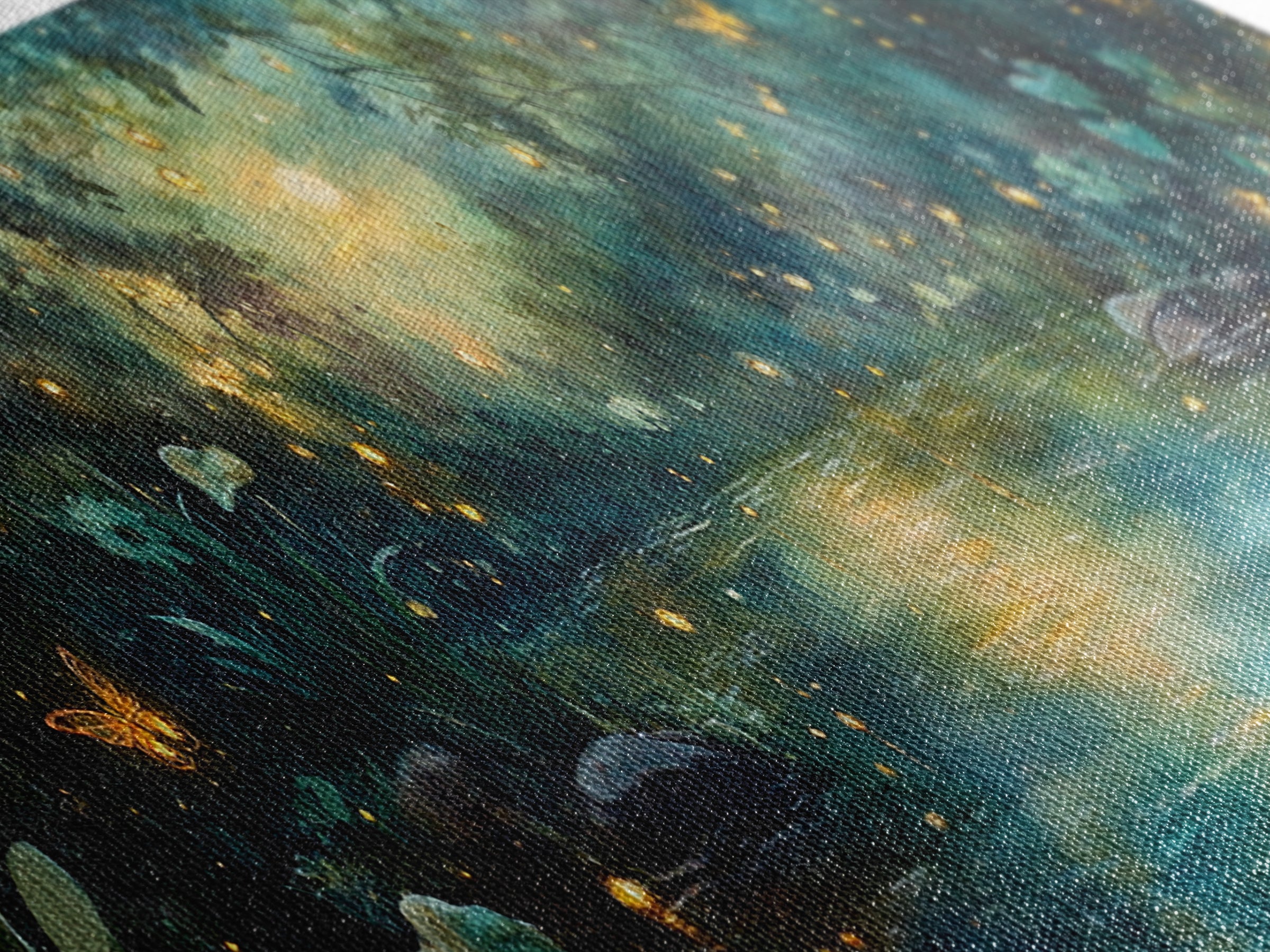 Enchanted Moonlit River With Fireflies And Butterflies Wall Art, Moody Fantasy Canvas Print For Bedroom Decor And Cozy Home Decor