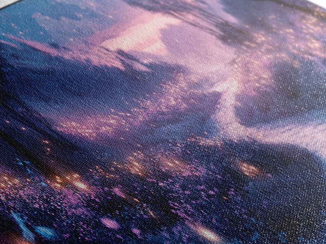 Glowing Purple Meadow Stream Wall Art, Twilight Firefly Landscape Canvas Print, Dreamy Forest Decor, Magical Nature Art Gift