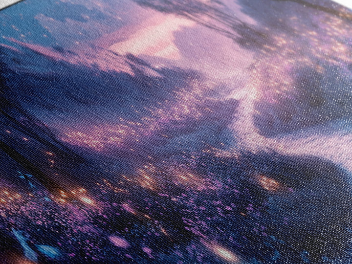 Glowing Purple Meadow Stream Wall Art, Twilight Firefly Landscape Canvas Print, Dreamy Forest Decor, Magical Nature Art Gift