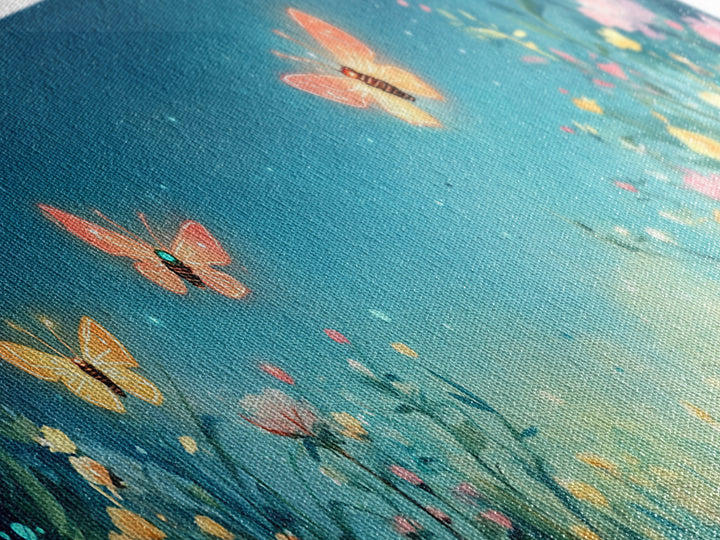 Butterflies Over Teal Wildflower Garden Wall Art, Whimsical Floral Canvas Print, Nursery Decor, Bedroom Wall Decor Gift
