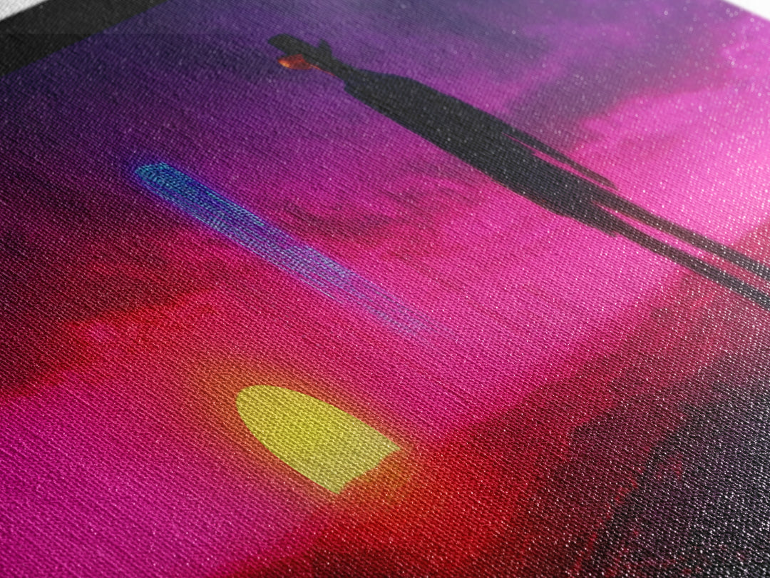 Neon Cowboy At Magenta Sunset Canvas Print, Cyberpunk Western Landscape, Futuristic Wall Decor, Gaming Room Art Gift For Him