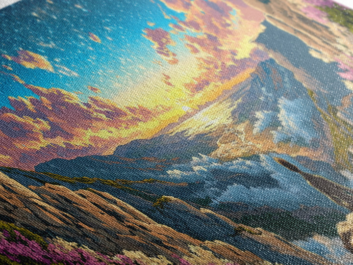 Meditating Figure Over Sunrise Mountain Valley Wall Art, Panoramic Fantasy Landscape Canvas Print For Living Room Decor Gift