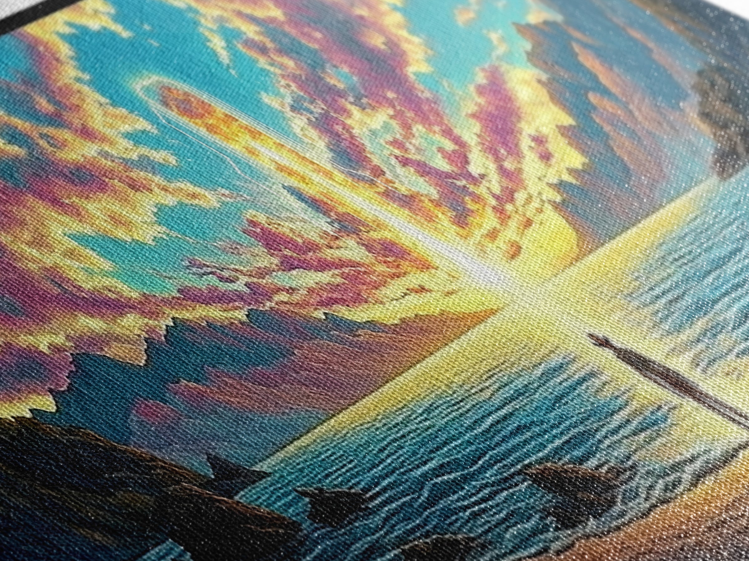 Glowing Portal Over Sunrise Ocean Shore Wall Art, Surreal Mountain Landscape Framed Canvas Print For Modern Living Room Decor