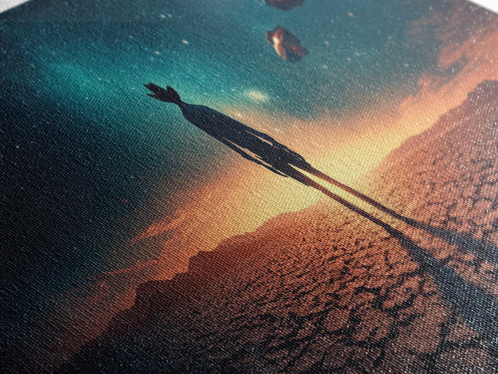 Ufo Desert Wanderer Cowboy Wall Art, Sci Fi Western Canvas Print, Alien Landscape Decor, Panoramic Man Cave Office Art, Home Decor