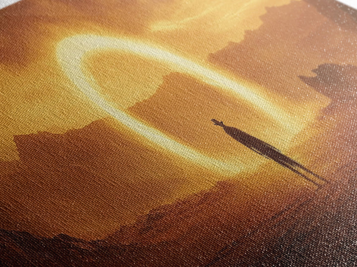 Golden Eclipse Cowboy Desert Wall Art, Western Sci Fi Canvas Print, Surreal Landscape Decor, Panoramic Living Room Art, Home Decor