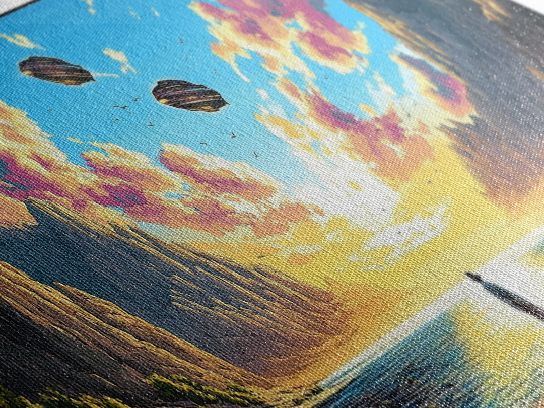 Pastel Alien Coast With UFOs Framed Canvas Print, Panoramic Sci Fi Ocean Landscape Wall Art For Beach House Decor And Living Room Decor