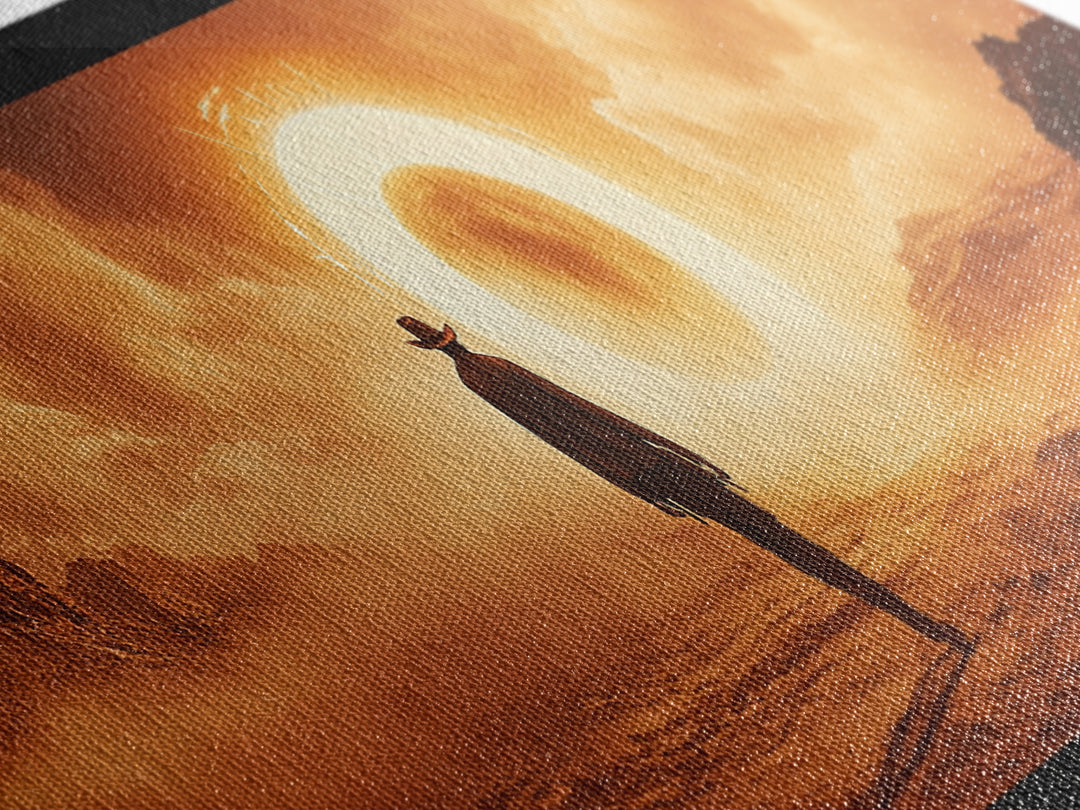 Surreal Desert Eclipse Cowboy Framed Canvas Print, Cinematic Western Landscape Wall Art For Man Cave Decor And Office Decor