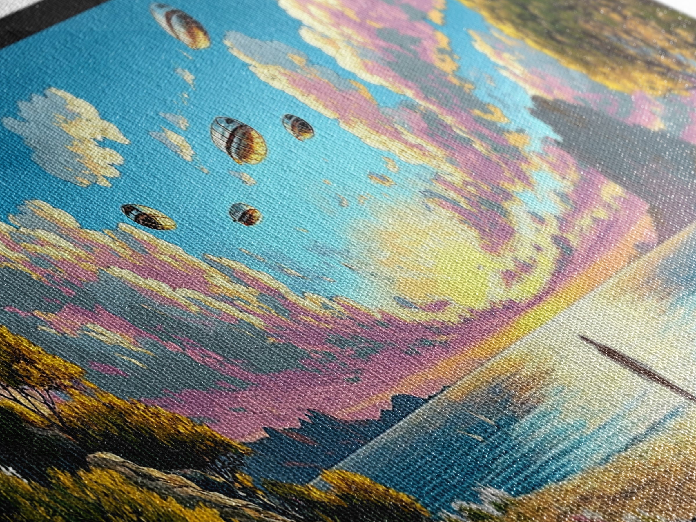Alien Airships Above Flowered Coast, Lone Figure By Blue Sea, Whimsical Sci Fi Wall Art, Coastal Framed Canvas Print, Home Decor