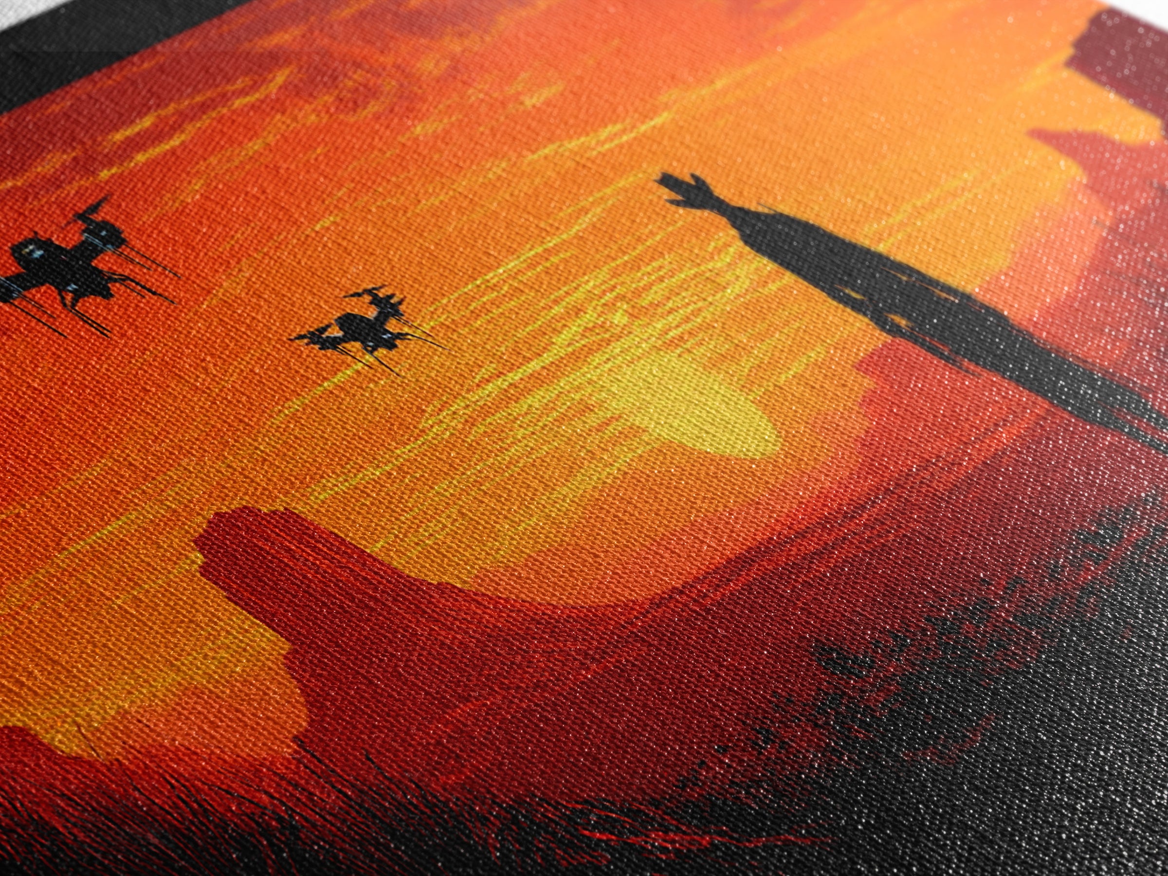 Silhouetted Cowboy With Drones At Orange Desert Sunset, Western Wall Art, Sci Fi Canvas Print, Man Cave Decor, Southwest Art