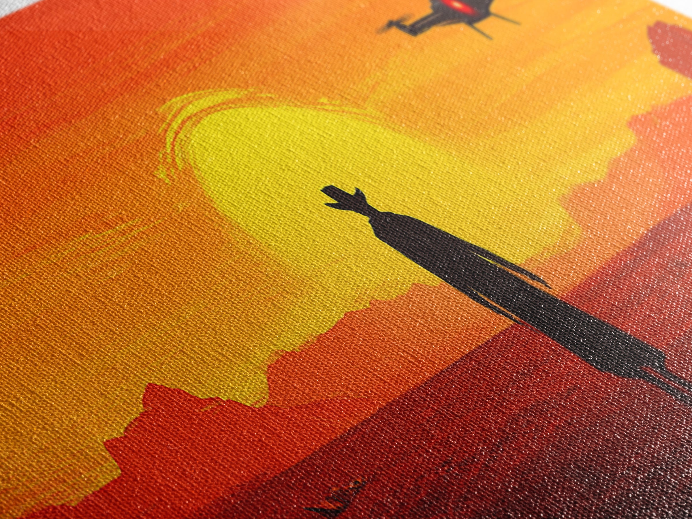 Lone Cowboy And Hovering Drones At Blazing Sun, Red Desert Western Wall Art, Sci Fi Canvas Print, Futuristic Home Decor, Desert Art