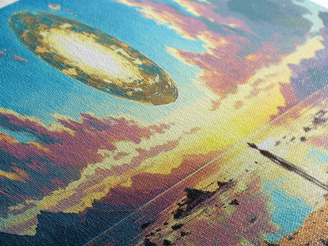 Golden Celestial Orb Wall Art, Panoramic Canvas Print, Modern Sci Fi Landscape, Surreal Art, Large Living Room Wall Decor