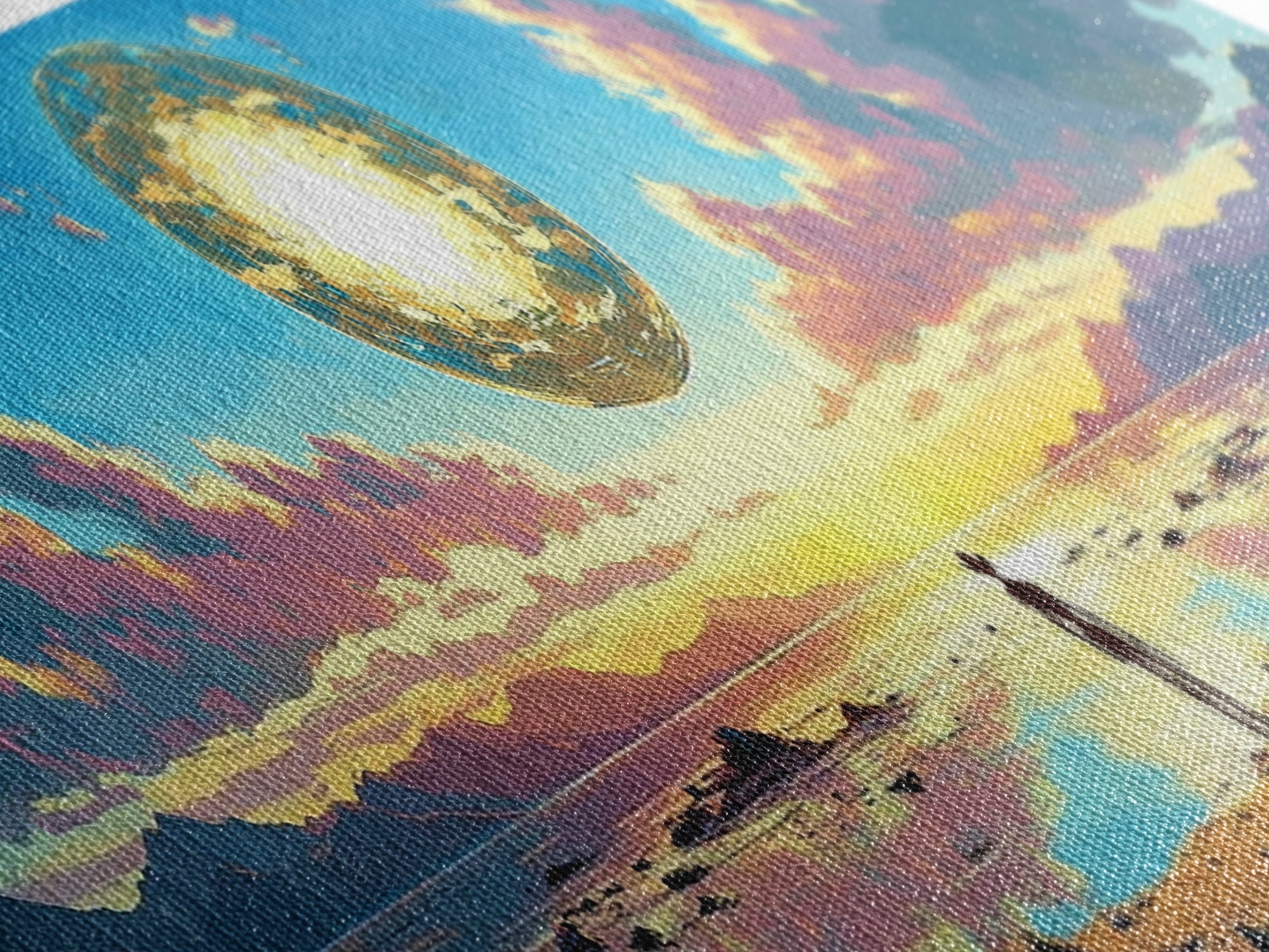 Golden Celestial Orb Wall Art, Panoramic Canvas Print, Modern Sci Fi Landscape, Surreal Art, Large Living Room Wall Decor