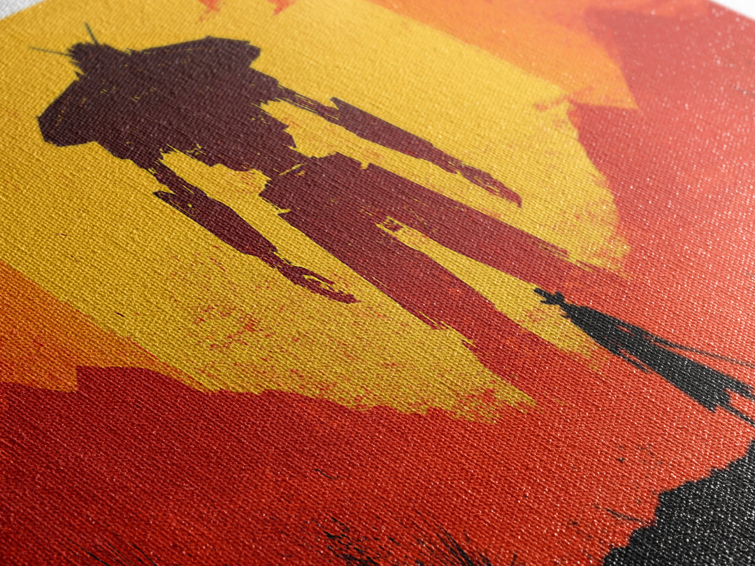 Samurai Facing Giant Mech At Orange Sunset Wall Art, Retro Sci Fi Fantasy Poster, Gaming Room Decor, Futuristic Canvas Print