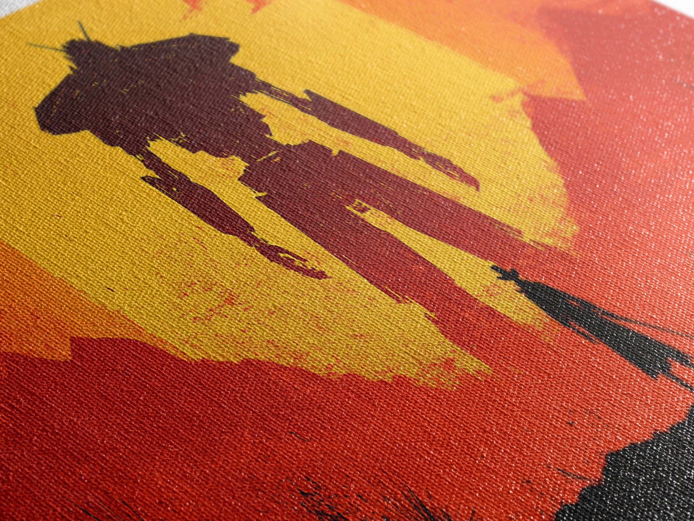 Samurai Facing Giant Mech At Orange Sunset Wall Art, Retro Sci Fi Fantasy Poster, Gaming Room Decor, Futuristic Canvas Print