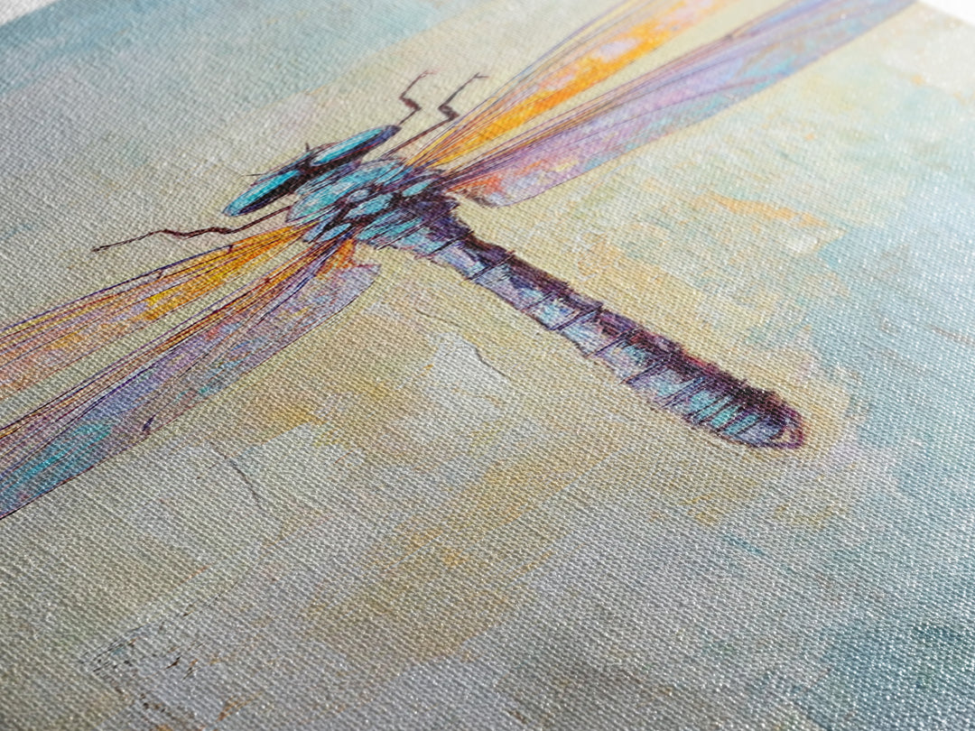 Iridescent Dragonfly Framed Canvas Print, Nature Wall Art, Insect Illustration, Coastal Blue Decor, Gift For Nature Lover
