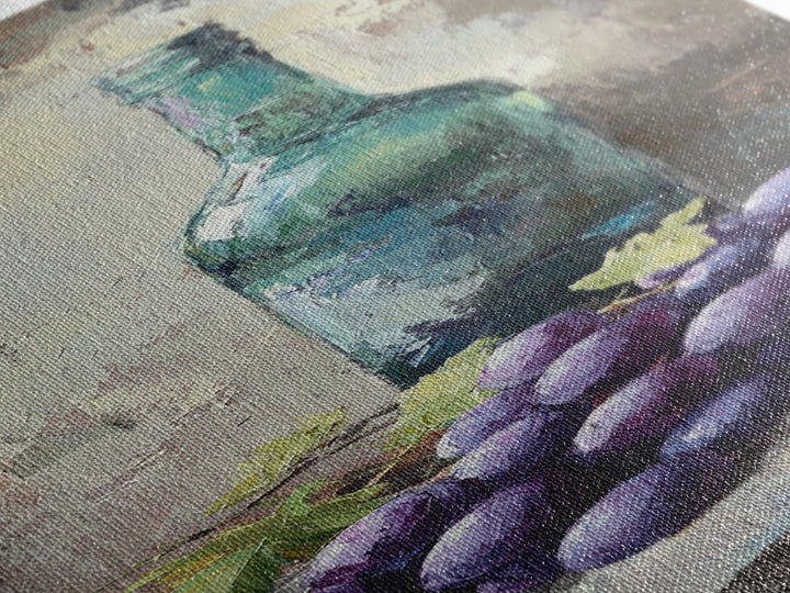 Teal Wine Bottle With Purple Grapes Canvas Print, Winery Wall Art, Rustic Kitchen Decor, Still Life Art For Dining Room Decor