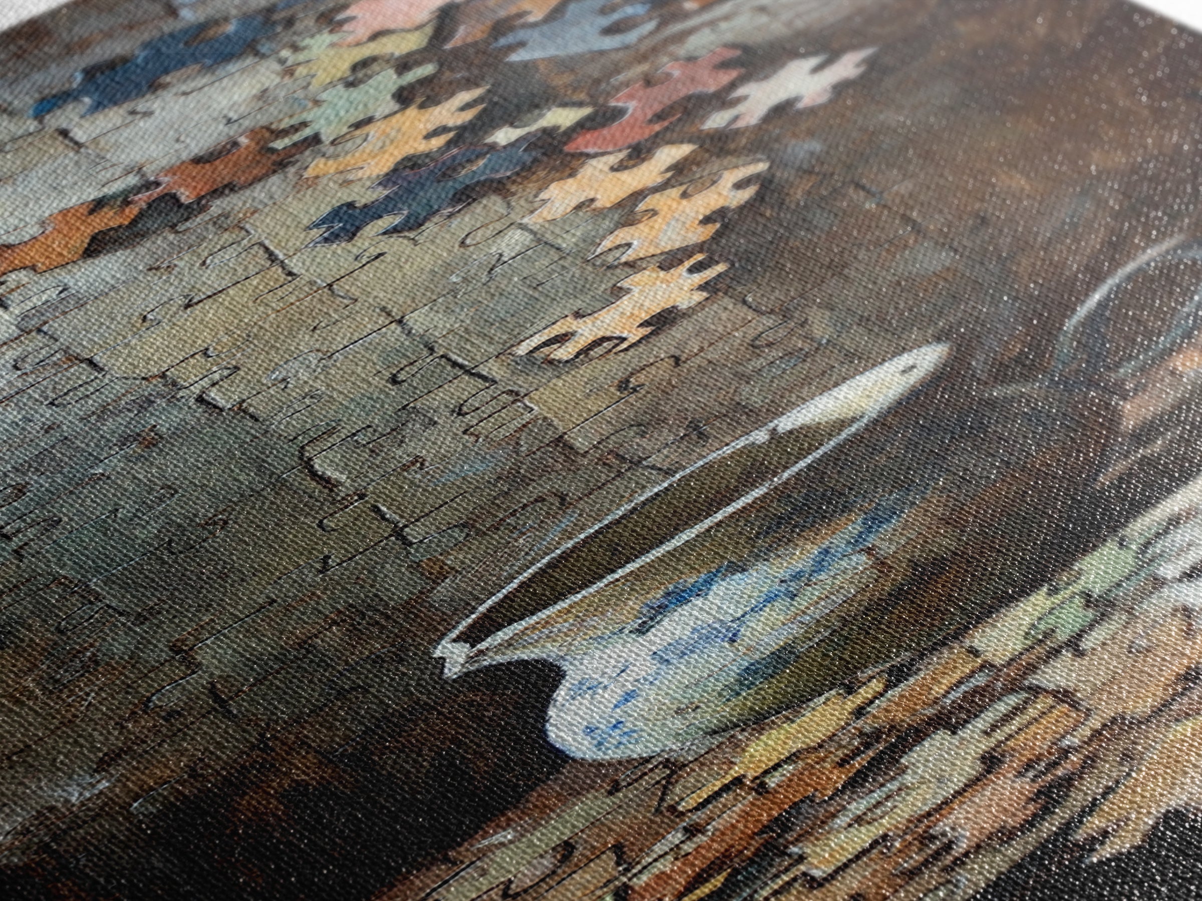 Floating Puzzle Pieces And Teacup Wall Art, Whimsical Still Life Oil Painting Print, Eclectic Game Room Home Decor Gift Idea