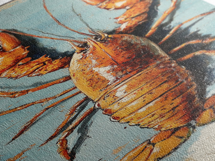 Orange Lobster On Weathered Blue Wall Art, Coastal Kitchen Decor, Nautical Canvas Print, Seafood Wall Decor, Beach House Gift