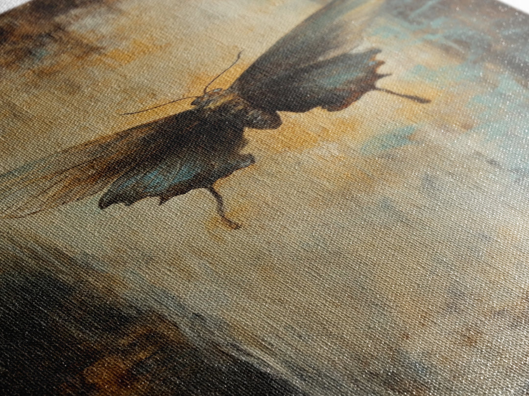 Moody Black Butterfly On Textured Gold Canvas Print, Dark Academia Wall Decor, Gothic Nature Art, Gift For Her, Bedroom Decor