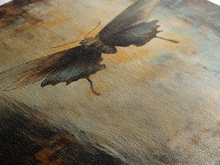 Moody Black Butterfly On Textured Gold Canvas Print, Dark Academia Wall Decor, Gothic Nature Art, Gift For Her, Bedroom Decor
