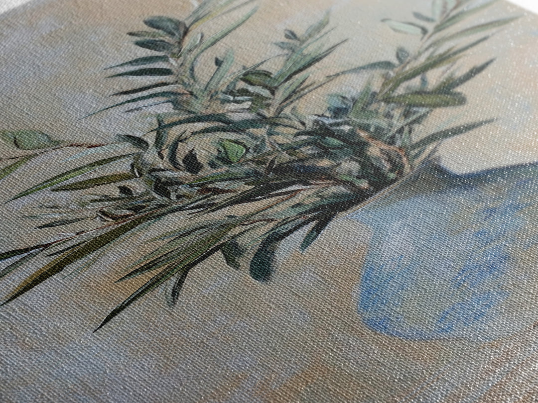 Olive Branches In Blue Vase Framed Canvas Print, Botanical Wall Art, Neutral Wall Decor, Mediterranean Home Decor Gift For Her