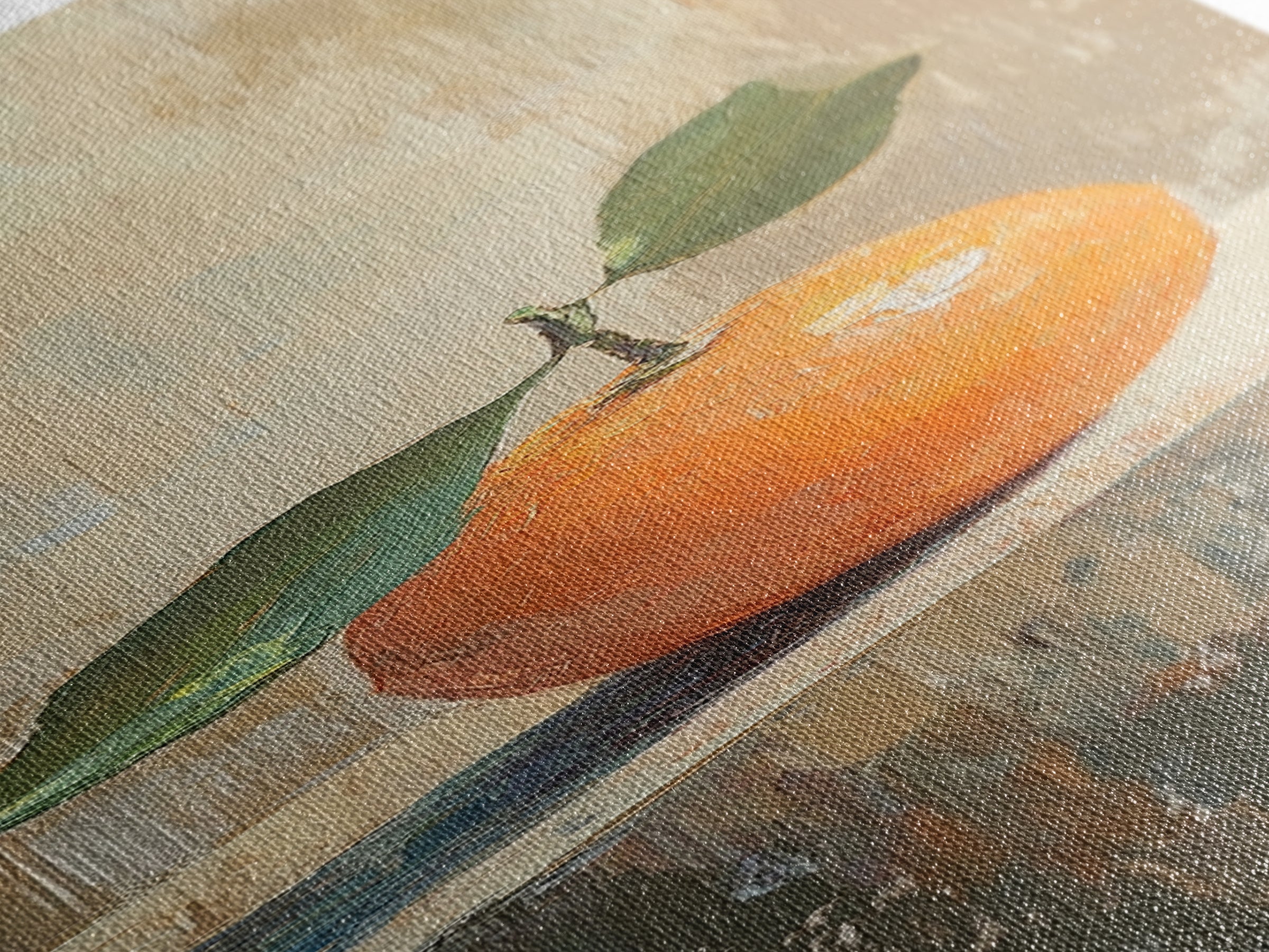 Orange With Green Leaves Canvas Print, Fruit Still Life Wall Art, Kitchen Wall Decor, Citrus Art Print, Modern Home Decor