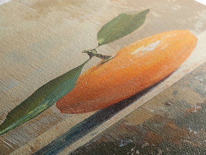 Orange With Green Leaves Canvas Print, Fruit Still Life Wall Art, Kitchen Wall Decor, Citrus Art Print, Modern Home Decor