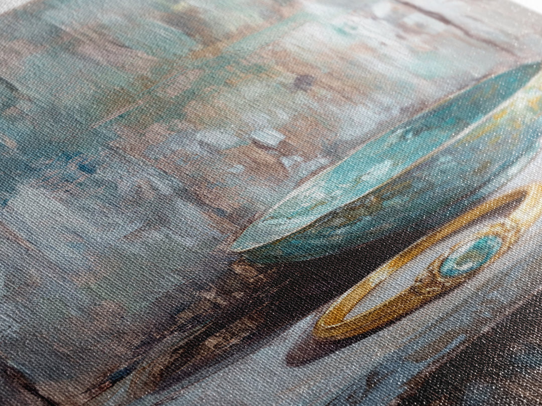 Turquoise Bowl With Gold Ring Oil Painting Canvas Print, Wabi Sabi Wall Art, Rustic Boho Home Decor, Unique Gift For Her