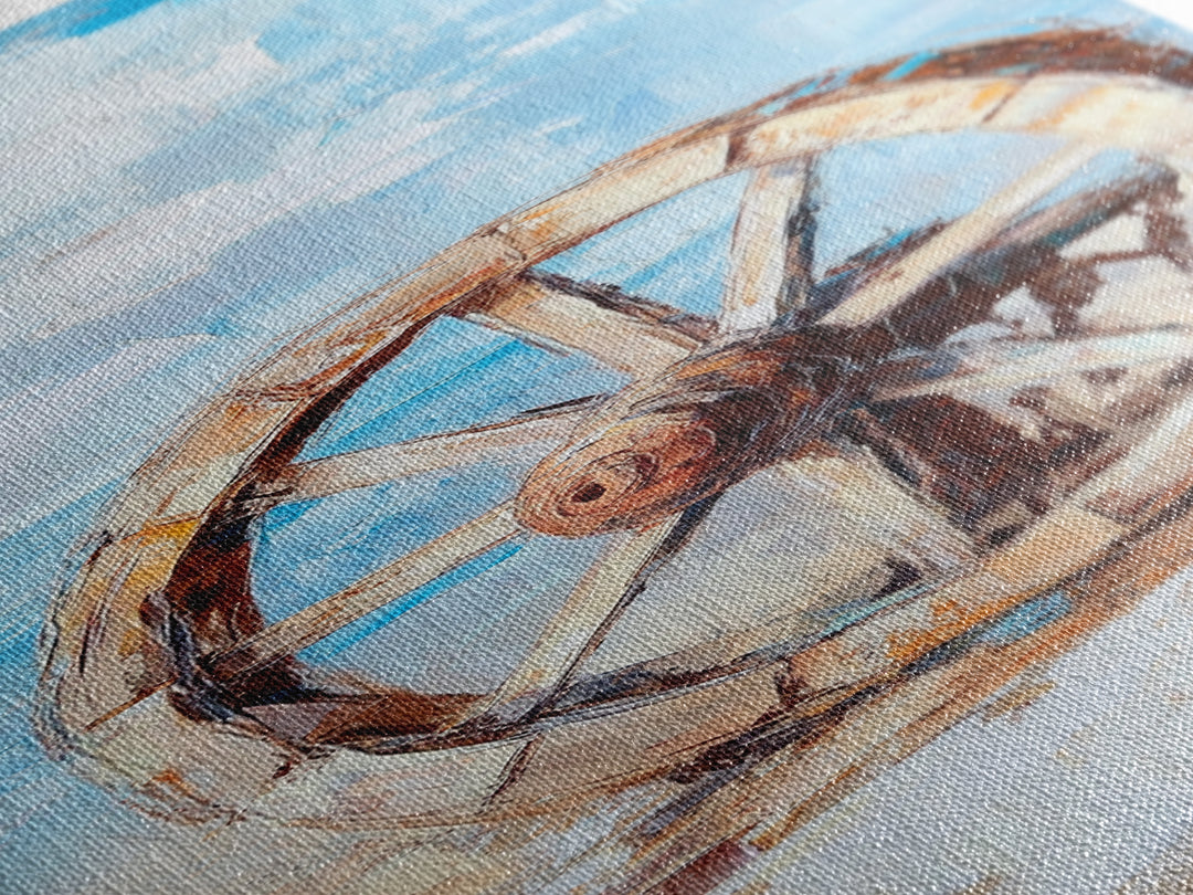 Weathered Wagon Wheel By Blue Sky Canvas Print, Rustic Western Wall Art, Farmhouse Decor, Country Home Wall Decor, Large Living Room Decor