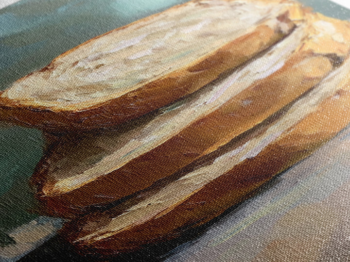 Stacked Crusty Bread Slices Canvas Print, Rustic Kitchen Wall Art, Food Still Life Painting, Bakery Decor Gift For Foodie
