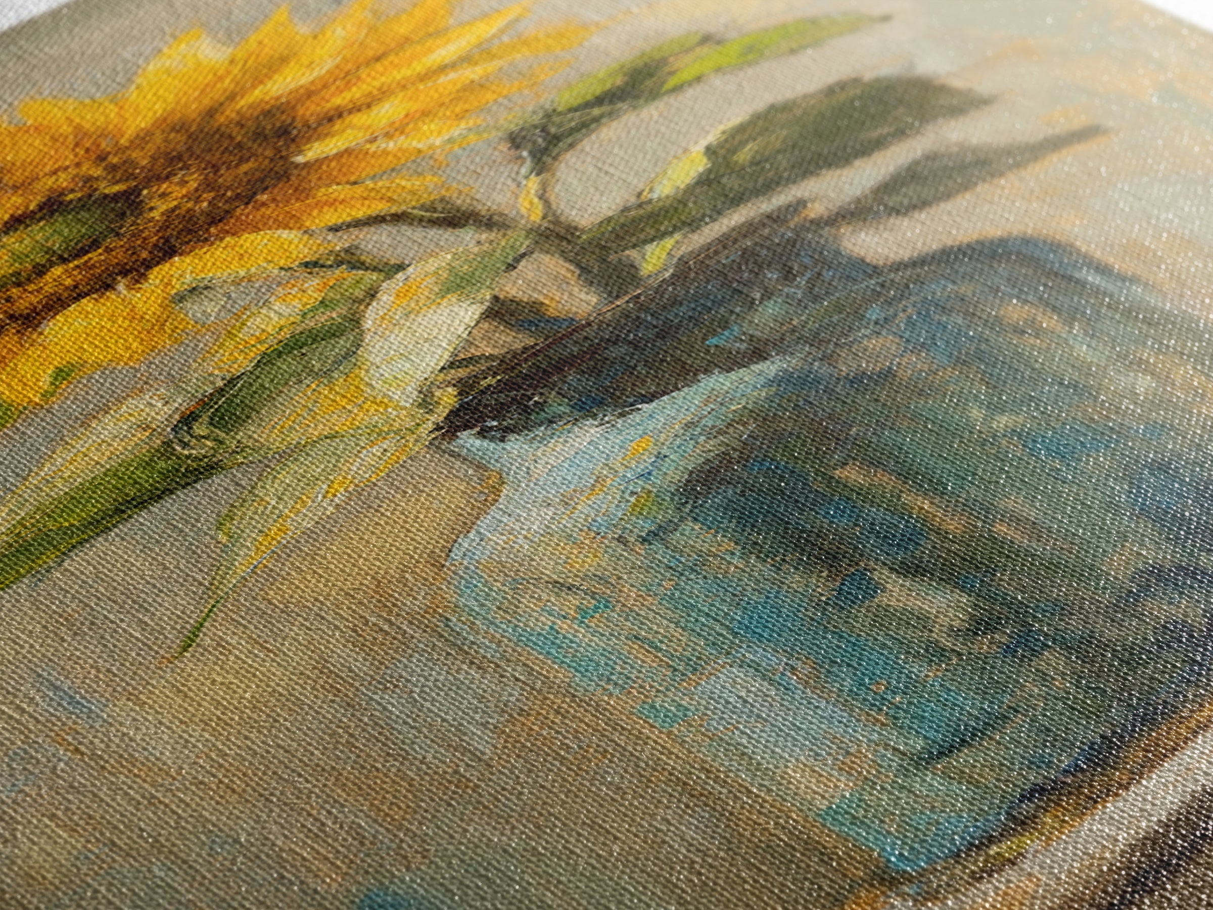 Sunflower In Blue Glass Bottle Vase Wall Art, Rustic Floral Oil Painting Print, Farmhouse Kitchen Decor, Gift For Her, Housewarming Gift