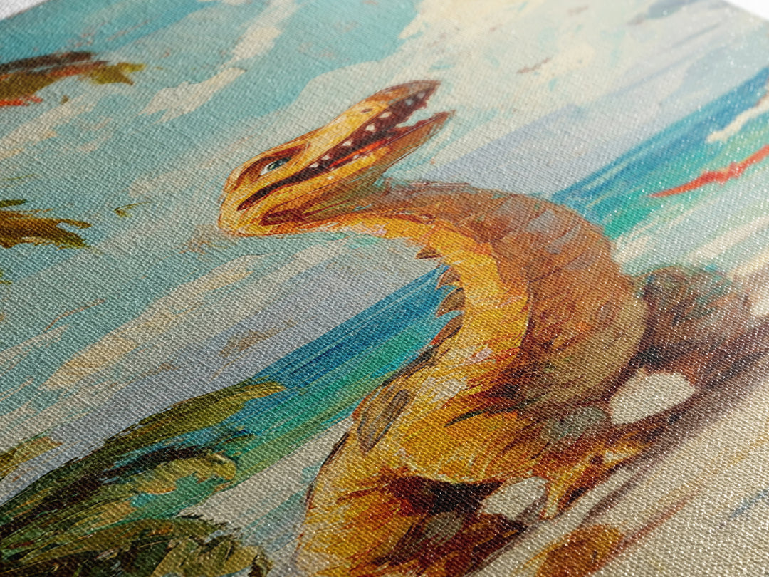 Cheerful Dinosaur On Tropical Beach Canvas Print, Whimsical Nursery Decor, Coastal Kids Room Art, Cute Animal Wall Decor