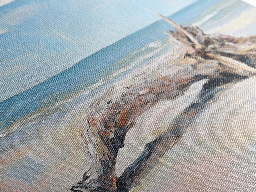 Weathered Driftwood On Beach Wall Art, Coastal Canvas Print, Ocean Landscape Art, Beach House Decor, Seaside Wall Decor Print