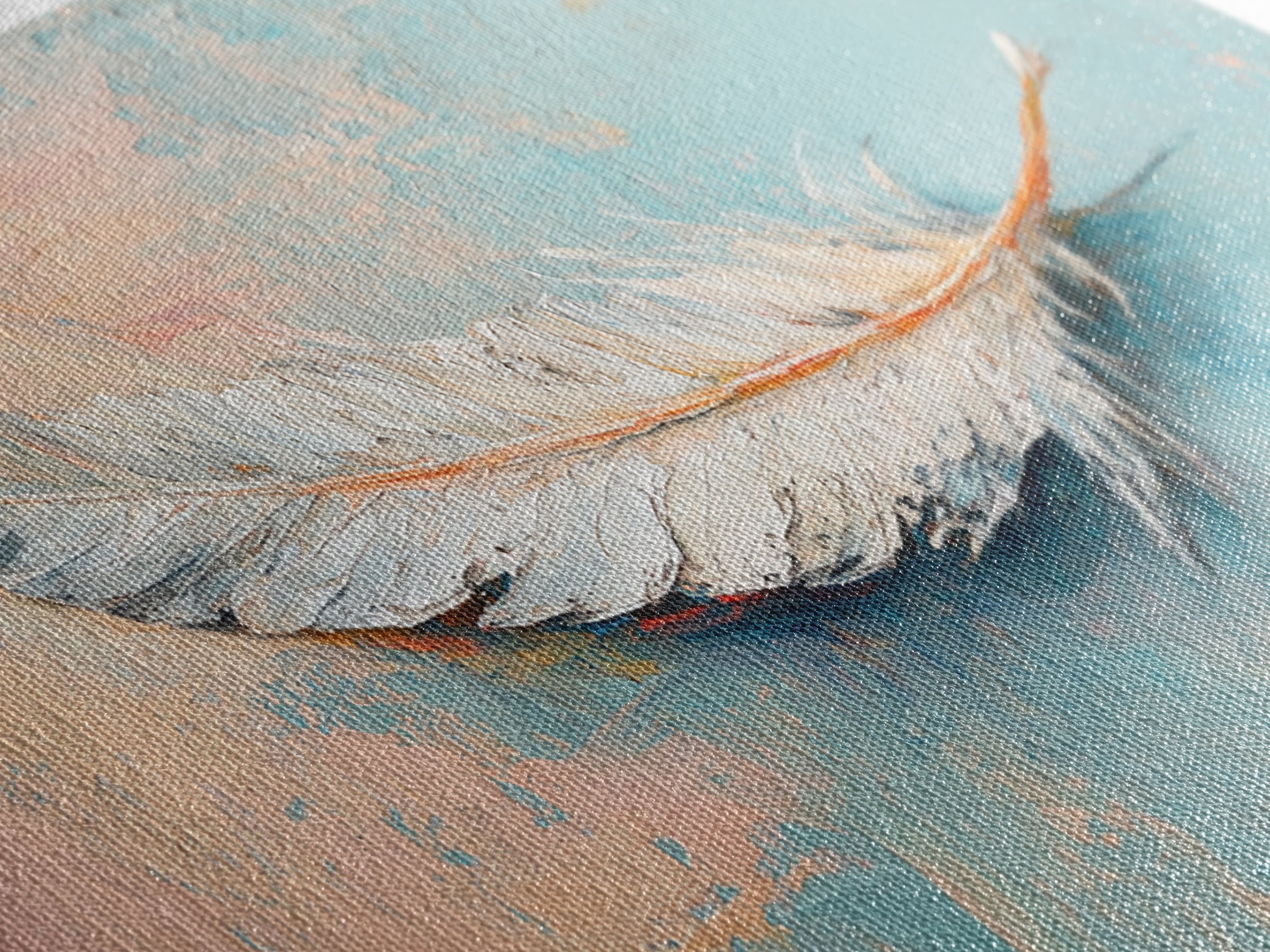 White Feather On Soft Blue Peach Texture Framed Canvas Print, Coastal Wall Art, Neutral Home Decor, Boho Bedroom Decor, Gift For Her