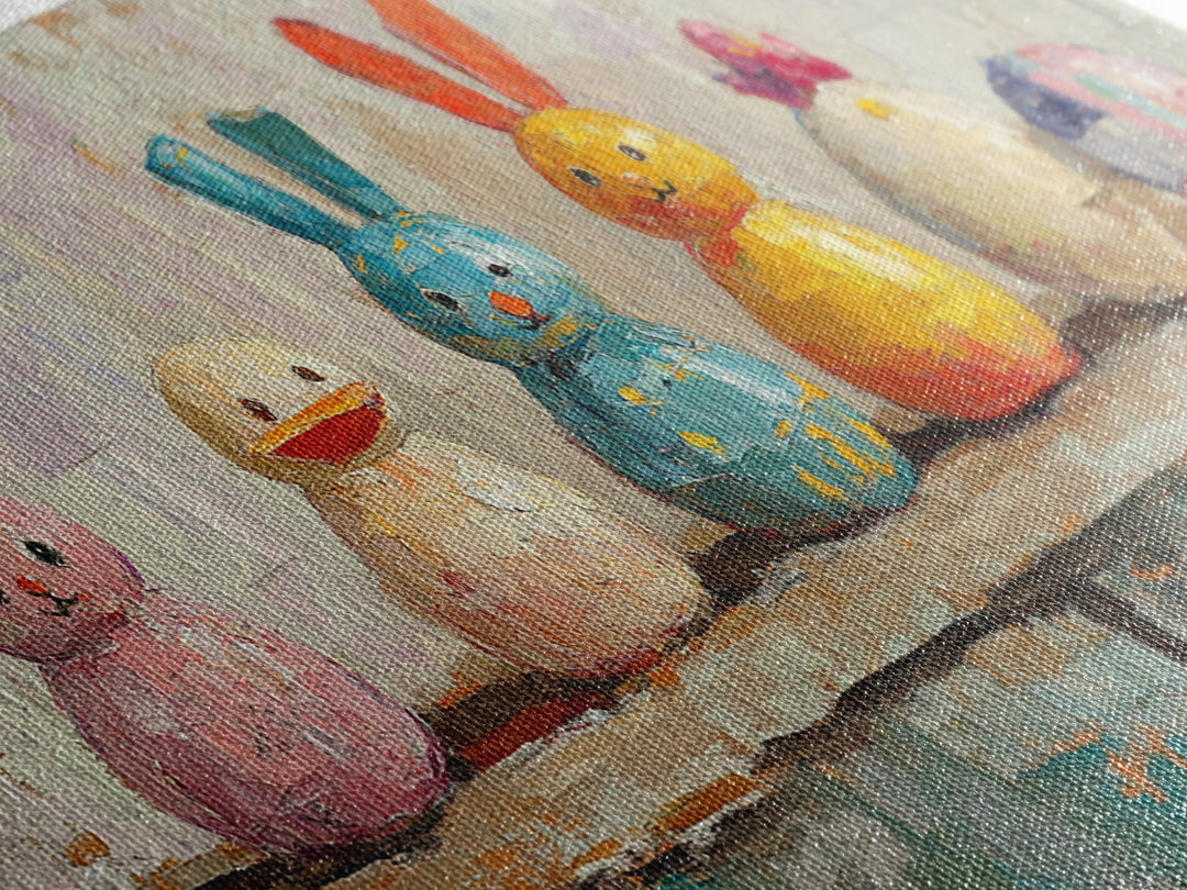 Whimsical Bunny And Duck Toys Framed Canvas Print, Nursery Wall Art, Kids Room Decor, Easter Gift, Playroom Wall Decor, Baby Shower Gift