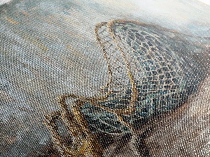 Weathered Fishing Net Framed Canvas Print, Nautical Wall Art, Coastal Home Decor, Rustic Seascape, Beach House Gift For Him