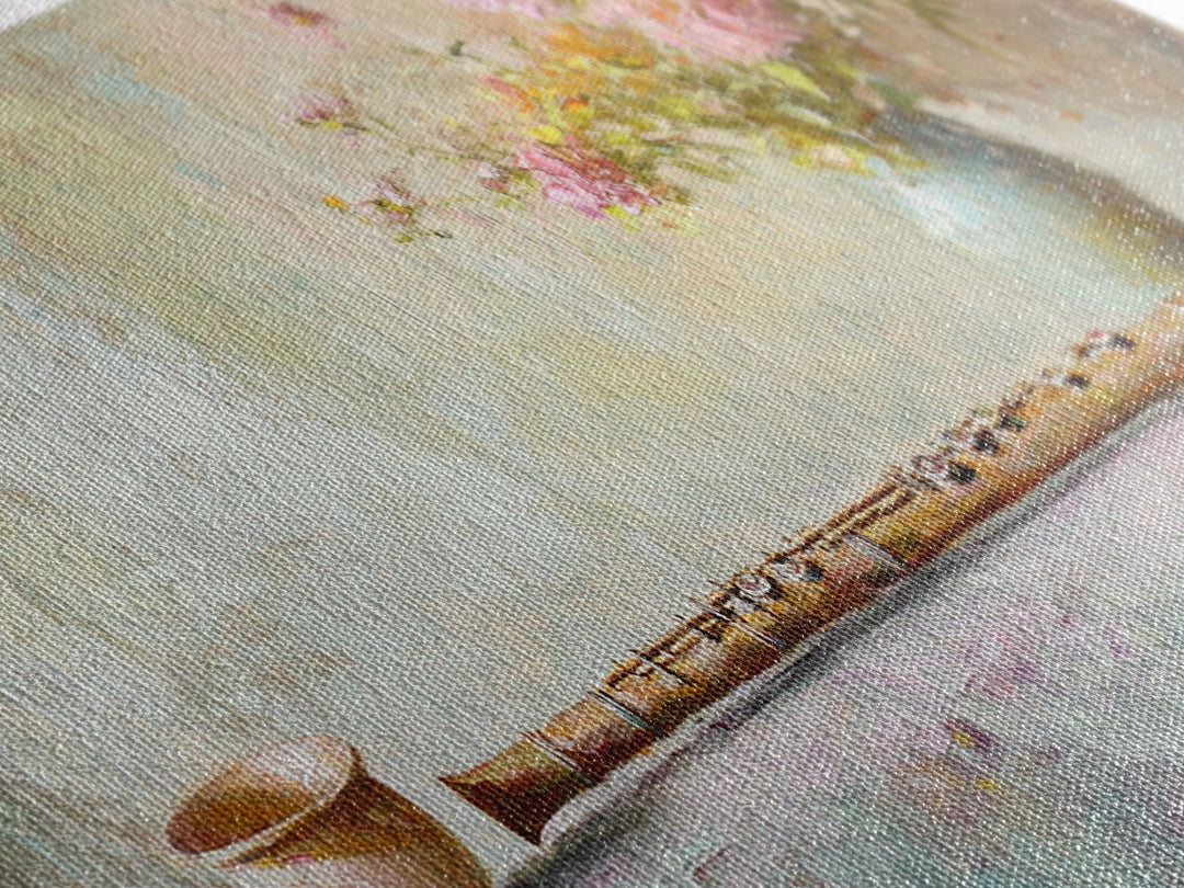 Rustic Flute Still Life With Pink Flowers, Framed Canvas Print, Music Room Wall Art, Farmhouse Decor, Gift For Music Lover