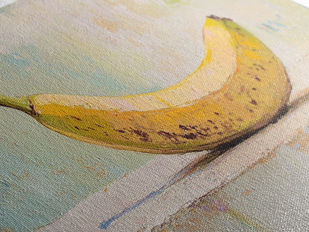 Bright Banana Still Life On Pale Blue, Framed Canvas Print, Kitchen Wall Art, Fruit Art, Colorful Kitchen Decor, Foodie Gift