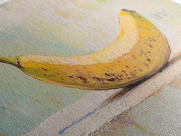 Bright Banana Still Life On Pale Blue, Framed Canvas Print, Kitchen Wall Art, Fruit Art, Colorful Kitchen Decor, Foodie Gift