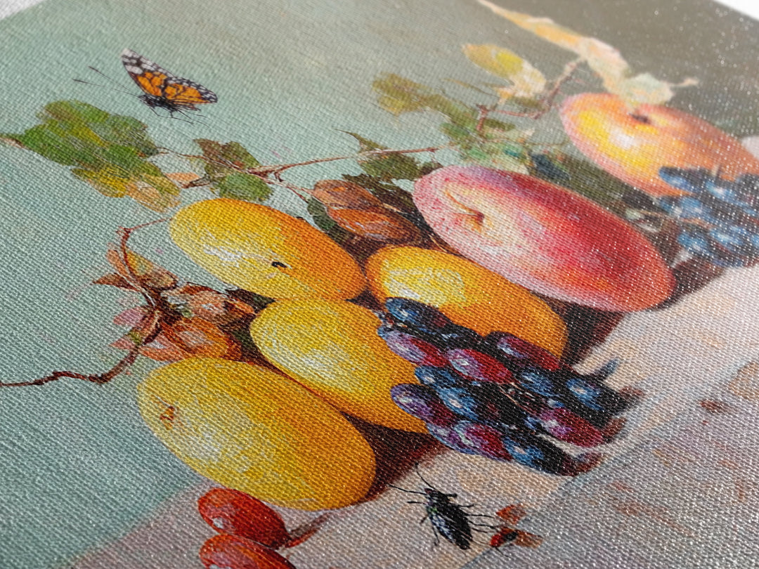 Oranges Grapes Apple Still Life With Butterfly, Canvas Print, Fruit Art, Kitchen Wall Art, Botanical Decor, Dining Room Print