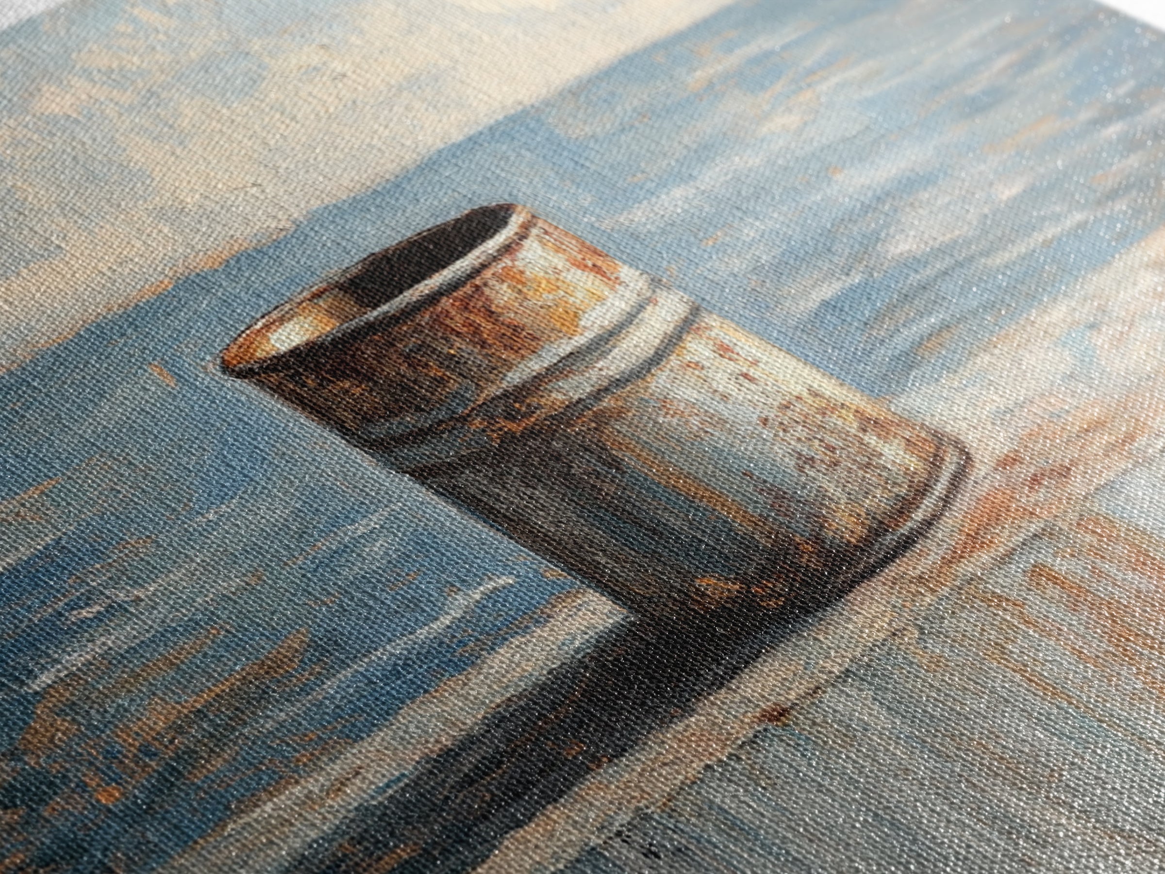 Rusty Tin Can By Blue Sea Wall Art, Coastal Industrial Still Life Canvas Print, Rustic Beach House Decor For Living Room