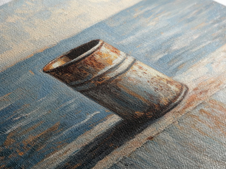 Rusty Tin Can By Blue Sea Wall Art, Coastal Industrial Still Life Canvas Print, Rustic Beach House Decor For Living Room