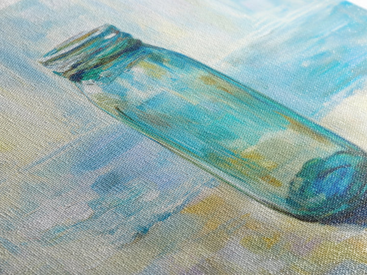 Blue Glass Mason Jar Wall Art, Coastal Still Life Canvas Print, Minimalist Beach House Decor For Kitchen Or Bathroom Art