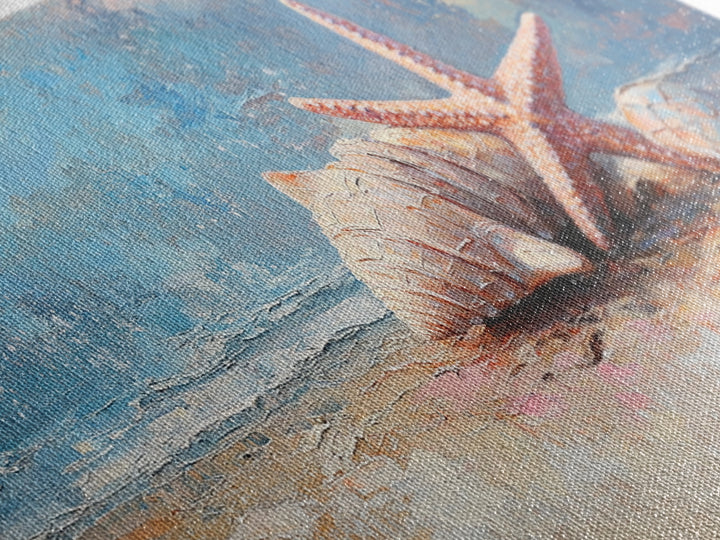 Starfish And Seashells On Sandy Shore Wall Art, Coastal Ocean Canvas Print, Beach House Decor For Bathroom Or Bedroom Wall Decor