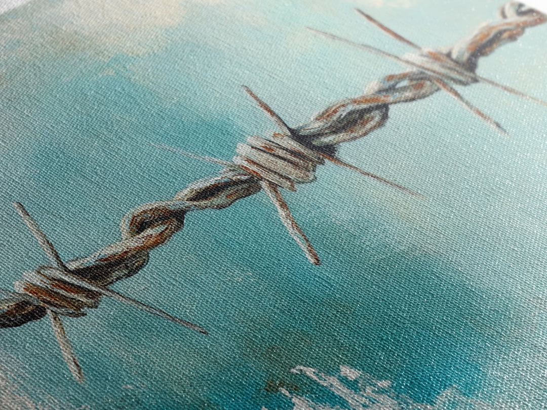 Rusty Barbed Wire Against Turquoise Sky Wall Art, Western Industrial Canvas Print, Modern Rustic Farmhouse Decor For Entryway