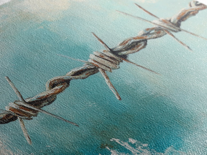 Rusty Barbed Wire Against Turquoise Sky Wall Art, Western Industrial Canvas Print, Modern Rustic Farmhouse Decor For Entryway