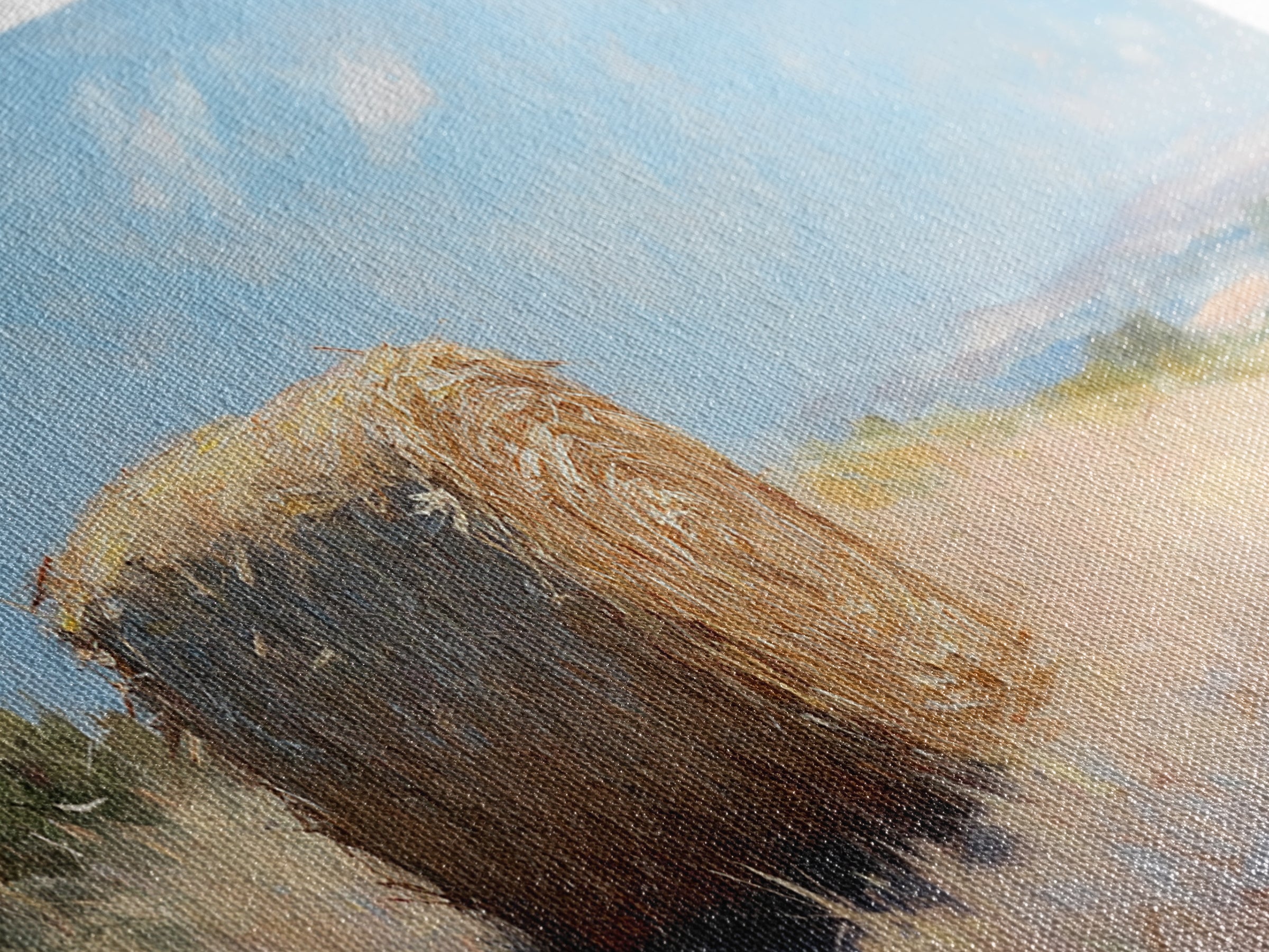 Golden Hay Bale Landscape Wall Art, Rustic Farmhouse Decor, Country Field Painting, Nature Print For Living Room Wall Decor