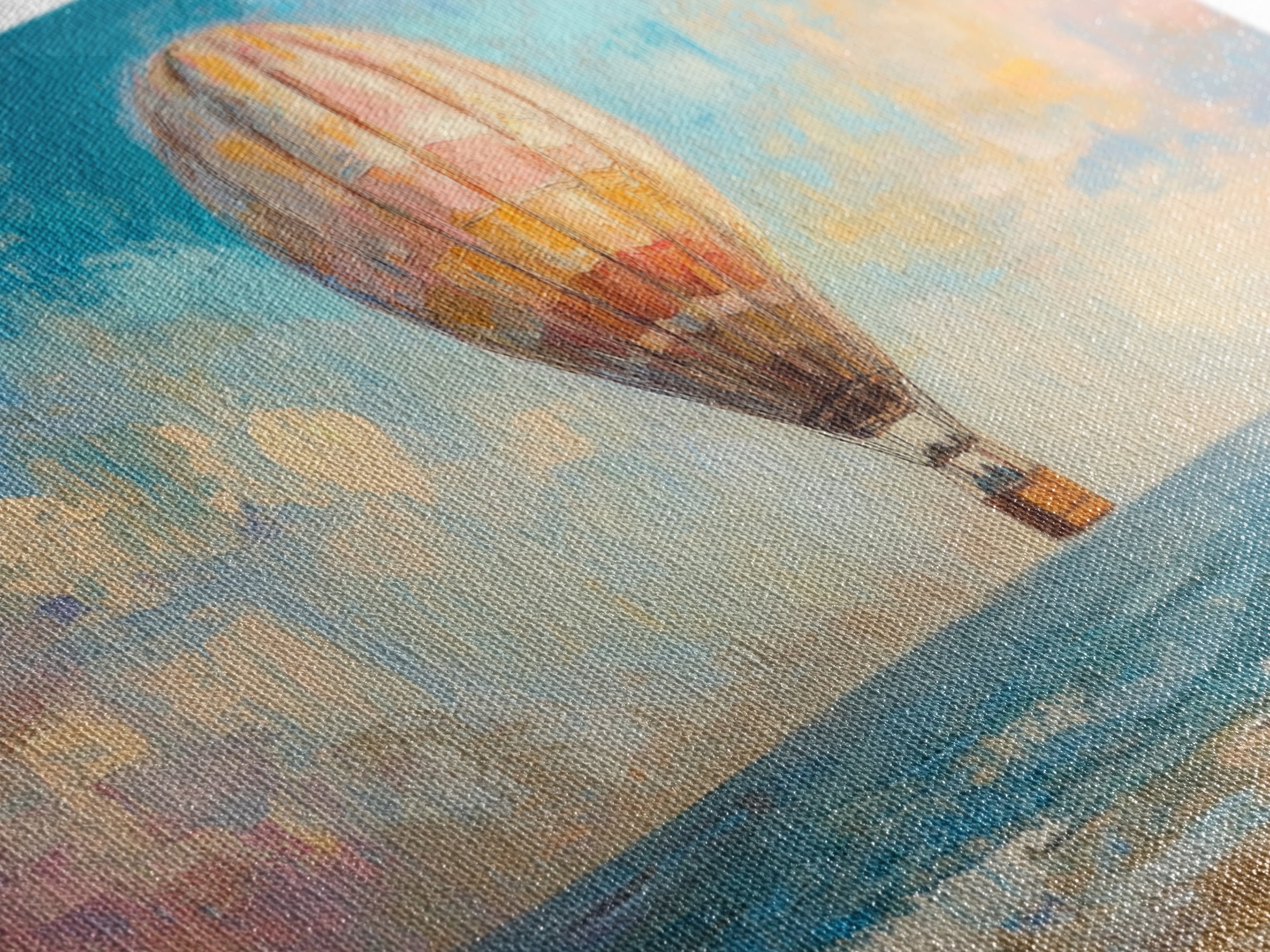 Hot Air Balloon Drifting Over Ocean Canvas Print, Coastal Wall Art, Travel Poster Style, Colorful Beach House Living Room Decor